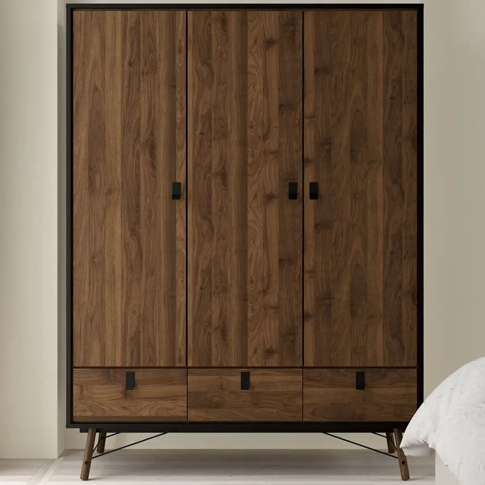 Florence Ry 3 Door 3 Drawer Wardrobe - Black, Walnut