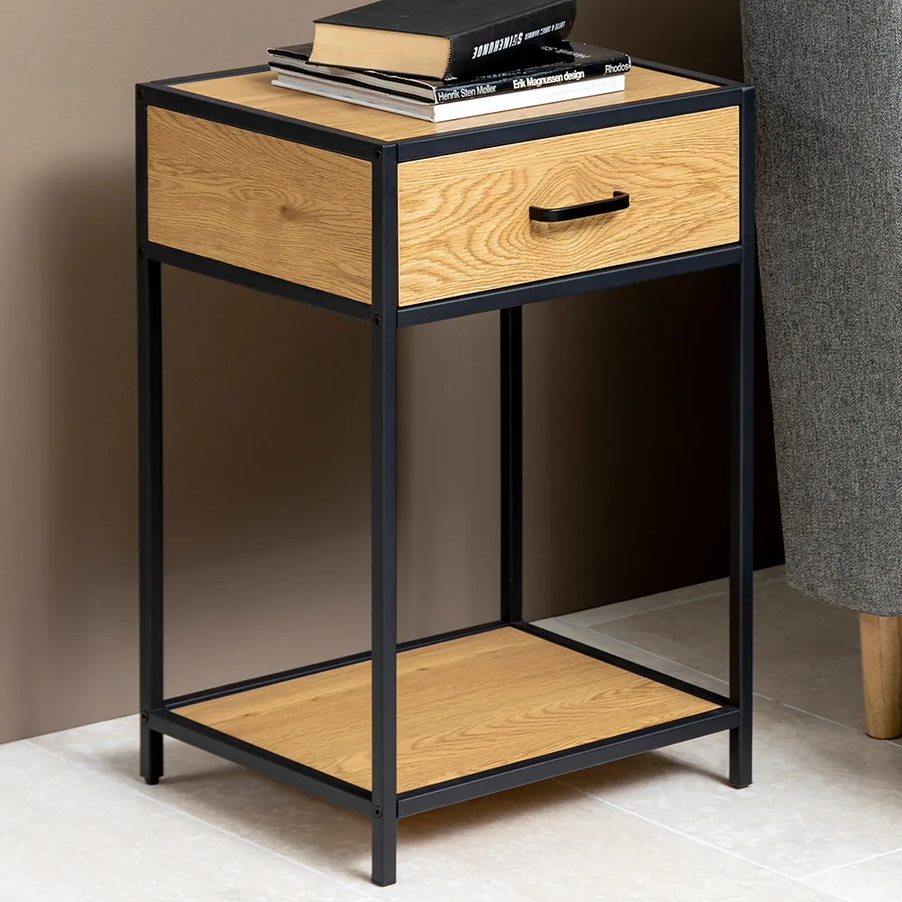 Florence Seaford Bedside Table with Drawer - Black, Oak
