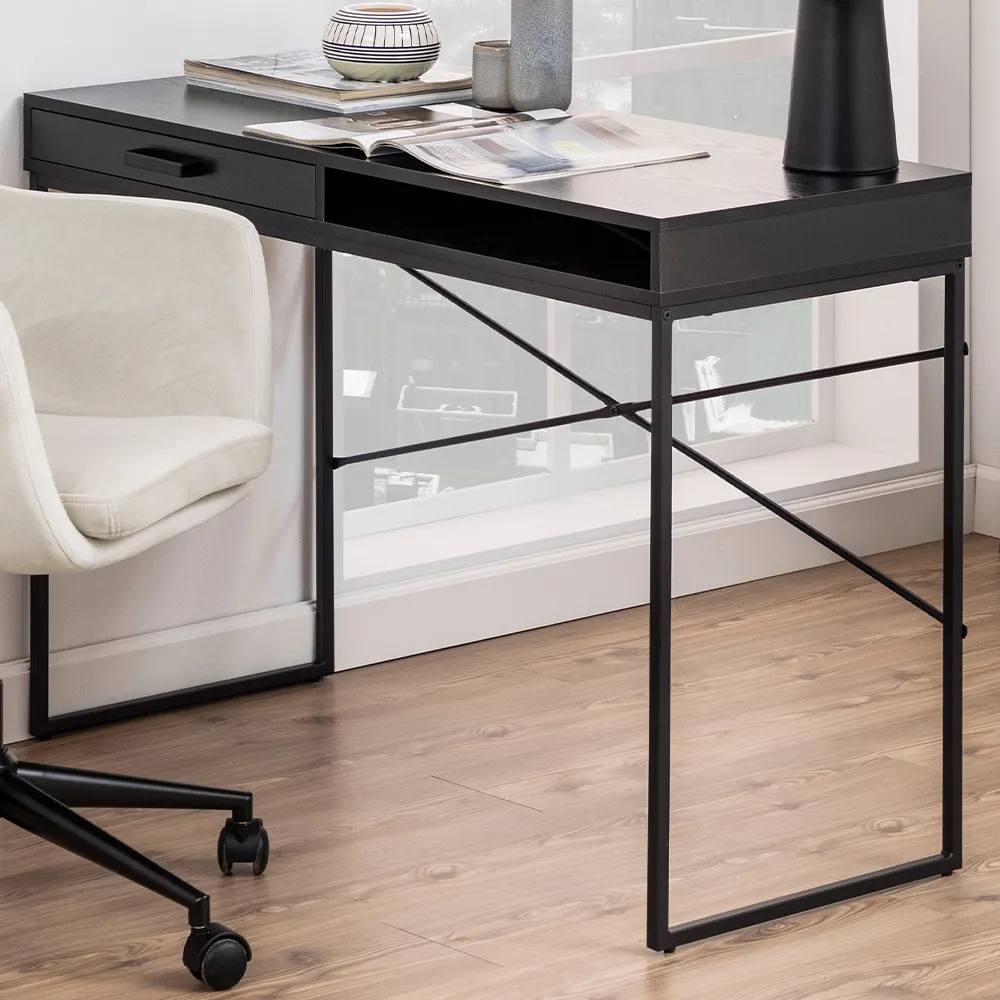 Florence Seaford Single Drawer Office Desk - Black, Ash
