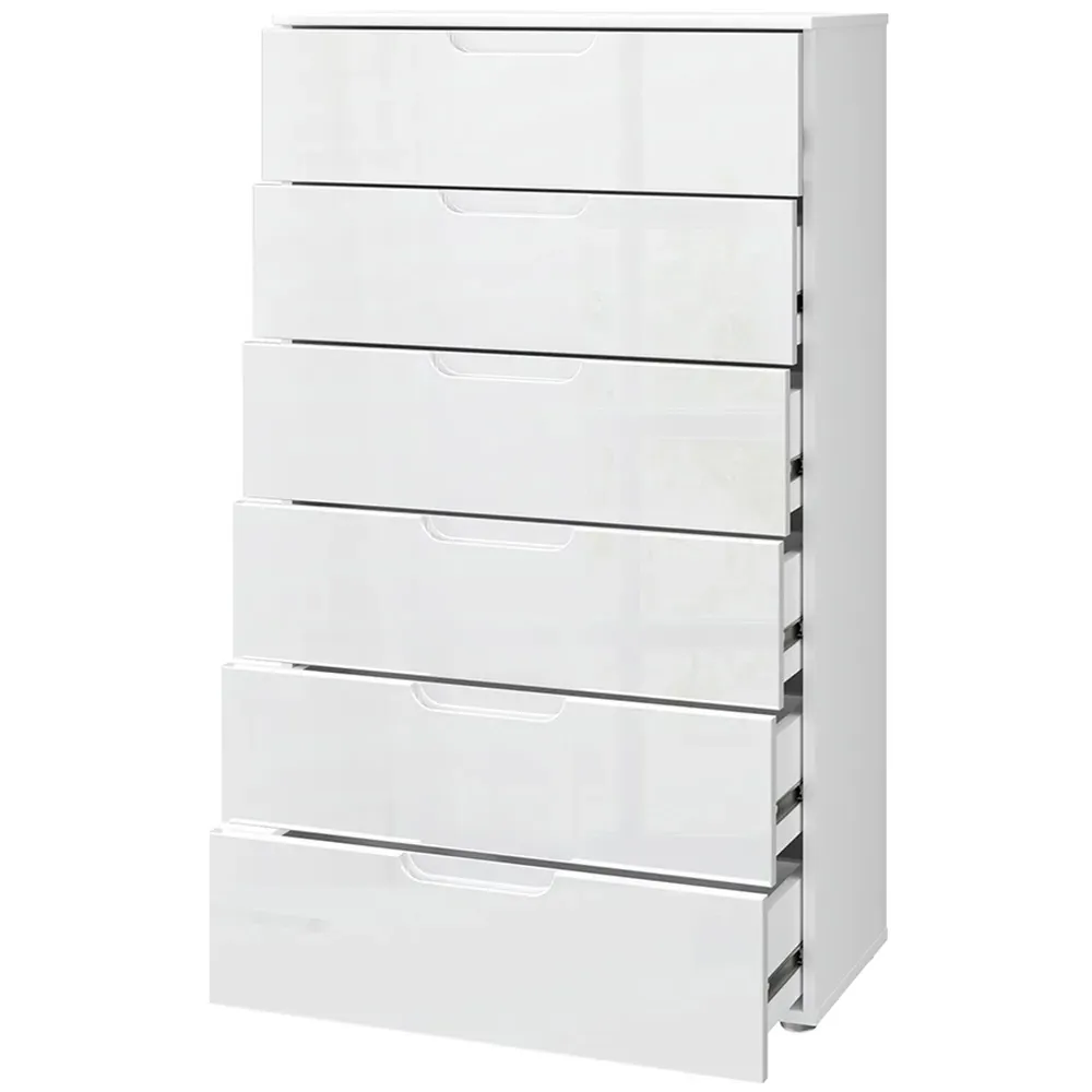 Florence Sienna 6 Drawer Chest of Drawers - White, High Gloss