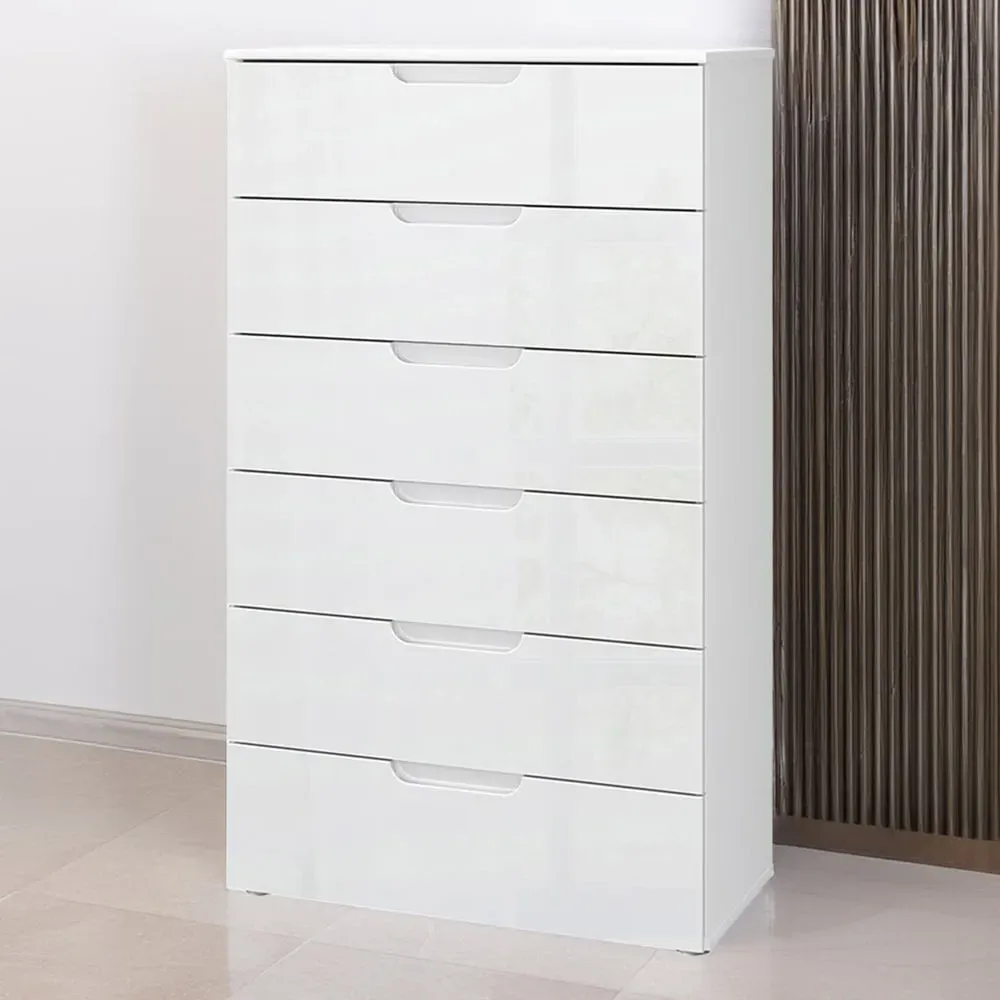 Florence Sienna 6 Drawer Chest of Drawers - White, High Gloss