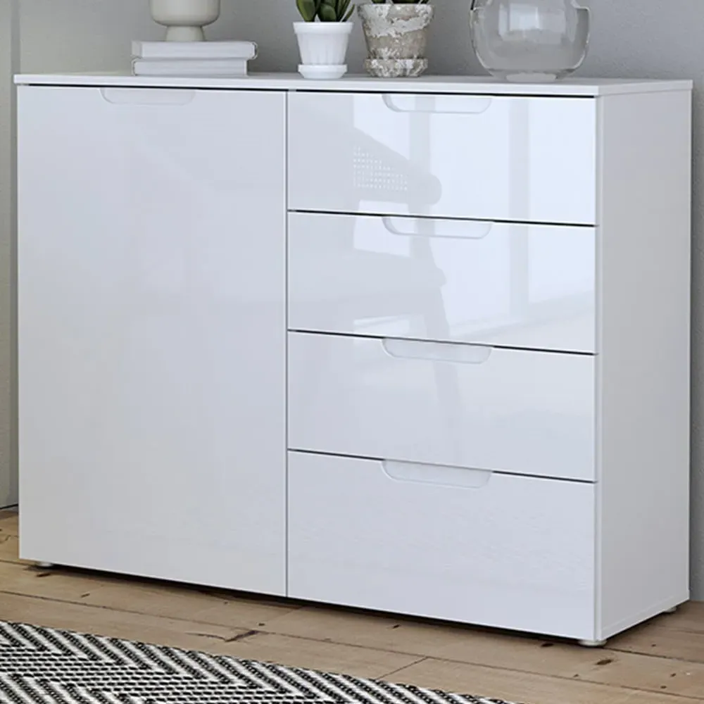 Florence Sienna Single Door 4 Drawer Cabinet - White, High Gloss