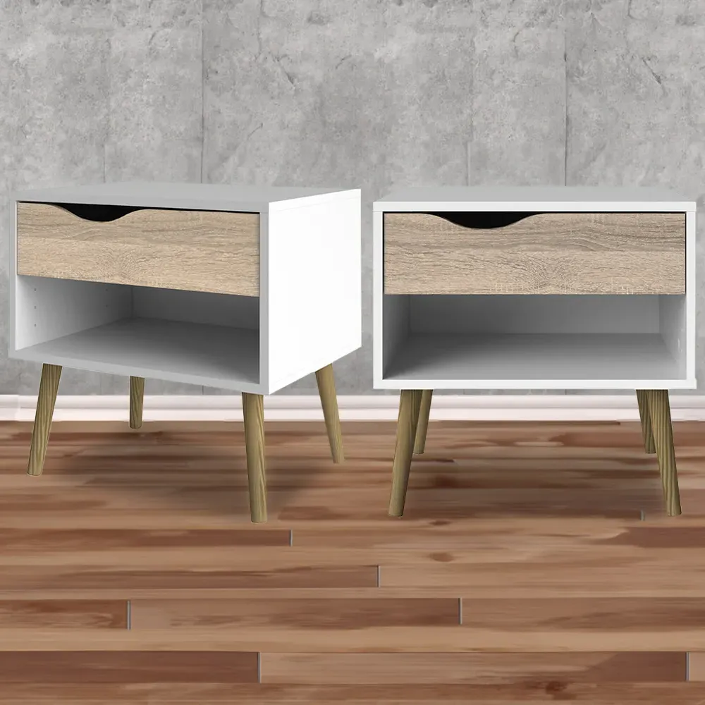 Florence Single Drawer Bedside Table Set of 2 - White, Oak