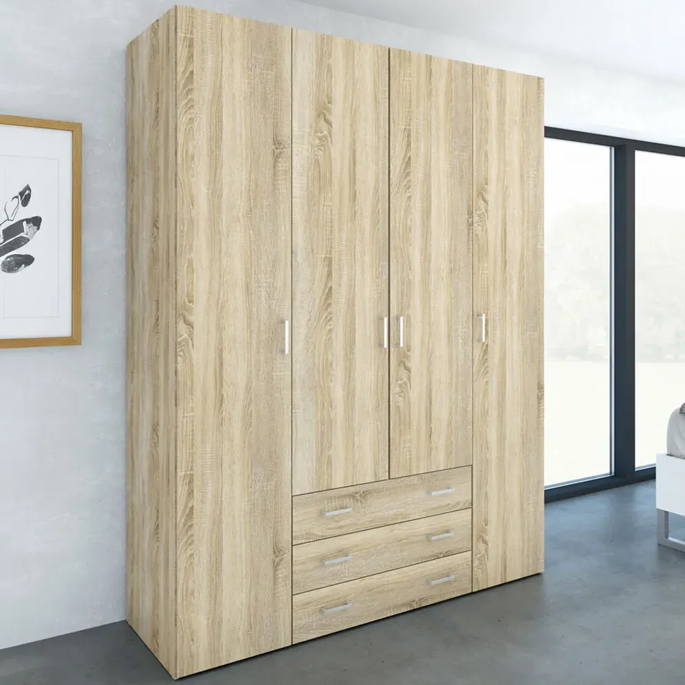 Florence Space 4 Door Wardrobe with Drawers - Brown, Oak image