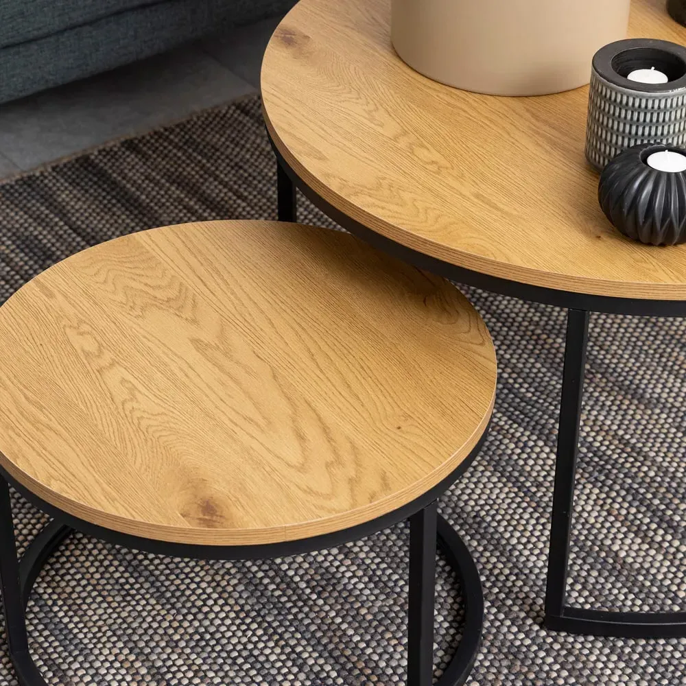 Florence Spiro Round Nest of Tables Set of 2 - Black, Oak