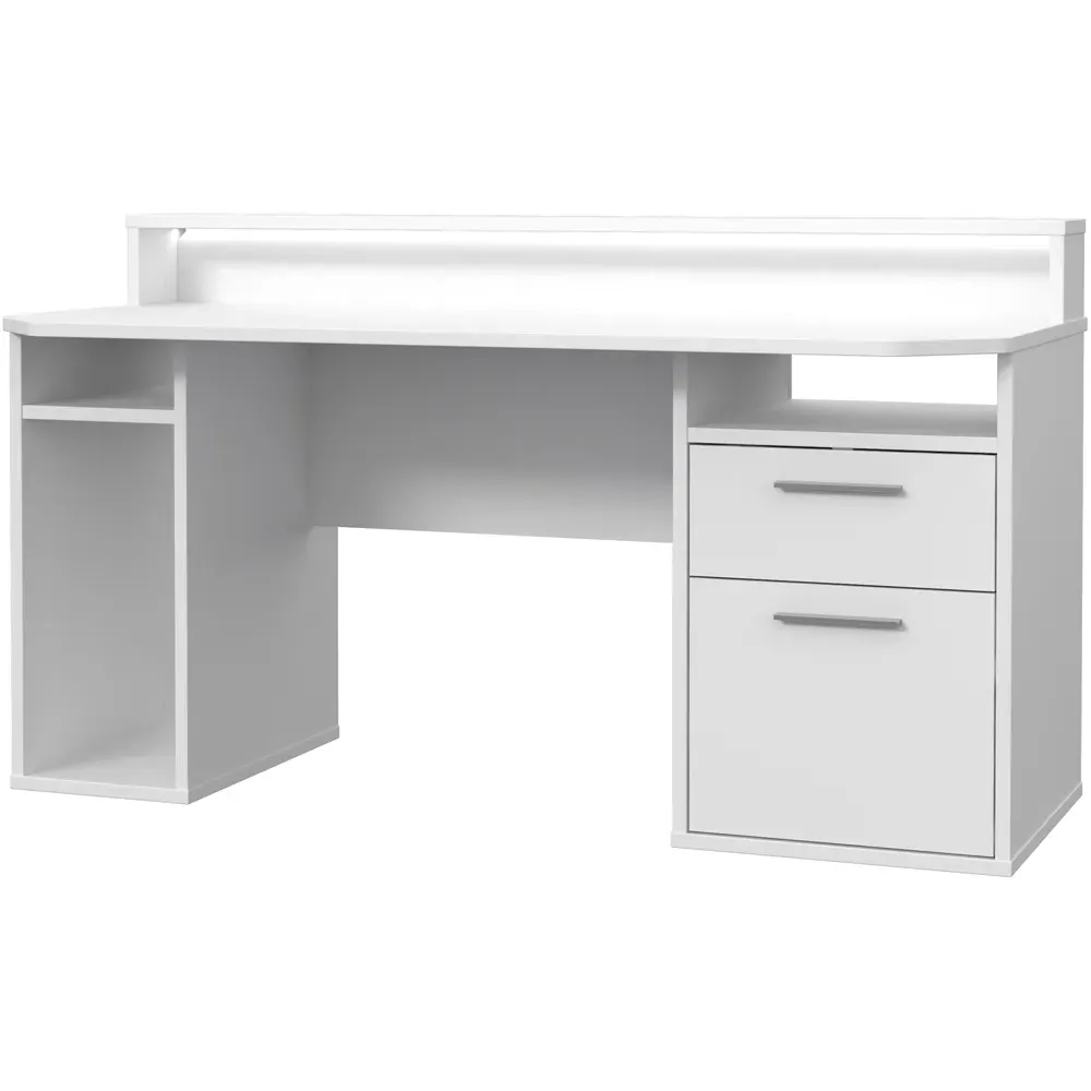 Florence Tezaur 3 Shelf Gaming Desk with 2 Drawers and LED - White