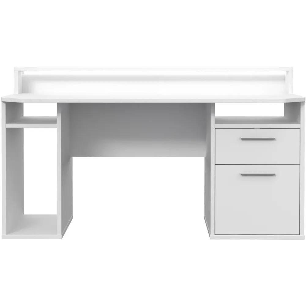 Florence Tezaur 3 Shelf Gaming Desk with 2 Drawers and LED - White