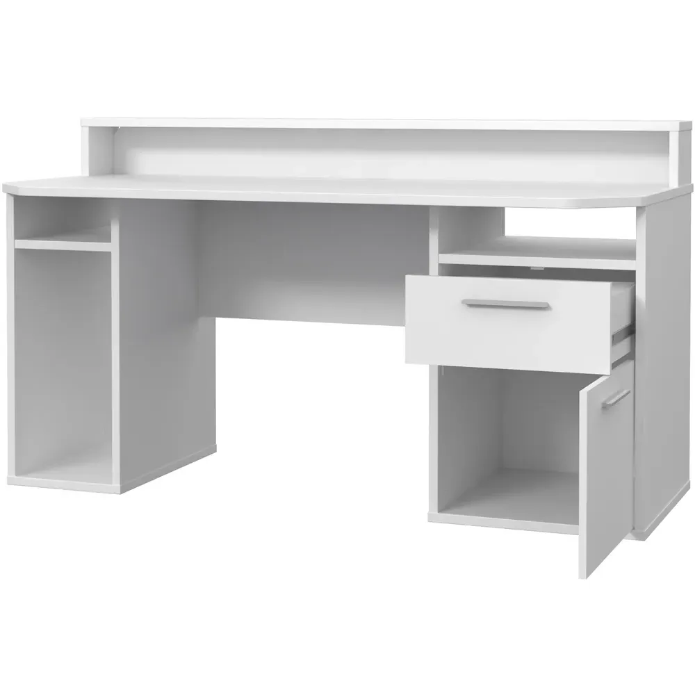 Florence Tezaur 3 Shelf Gaming Desk with 2 Drawers and LED - White