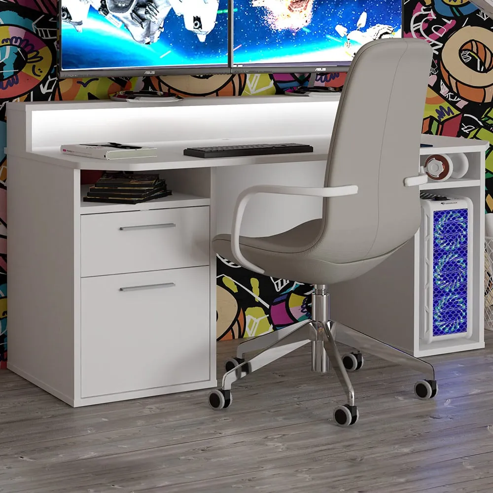 Florence Tezaur 3 Shelf Gaming Desk with 2 Drawers and LED - White