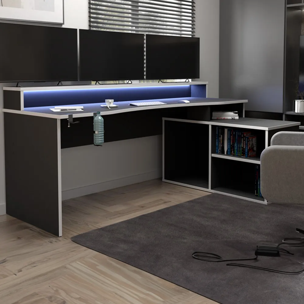 Florence Tezaur 3 Shelf Gaming Desk with Storage and LED - Black