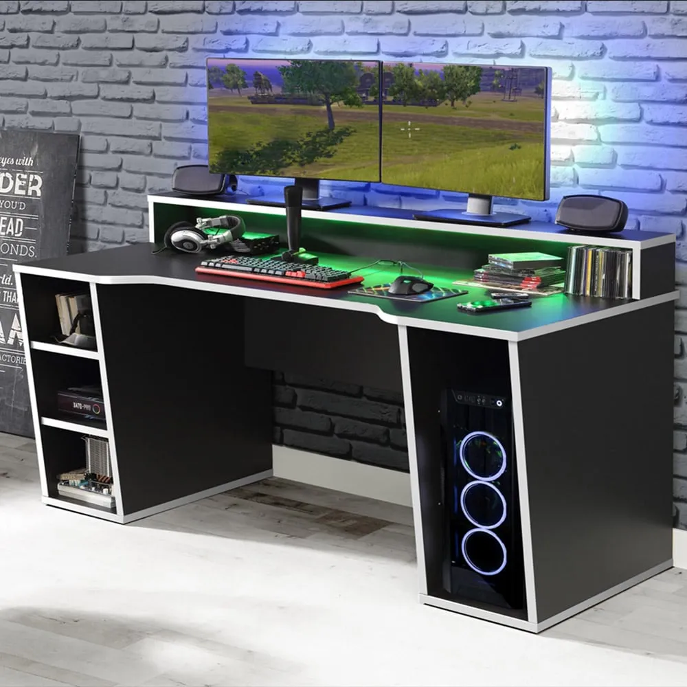 Florence Tezaur 4 Shelf Gaming Desk with LED - Black