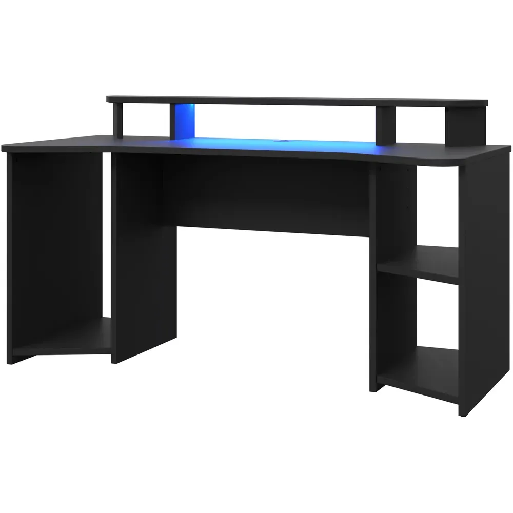 Florence Tezaur Curved 3 Shelf Gaming Desk with LED - Black