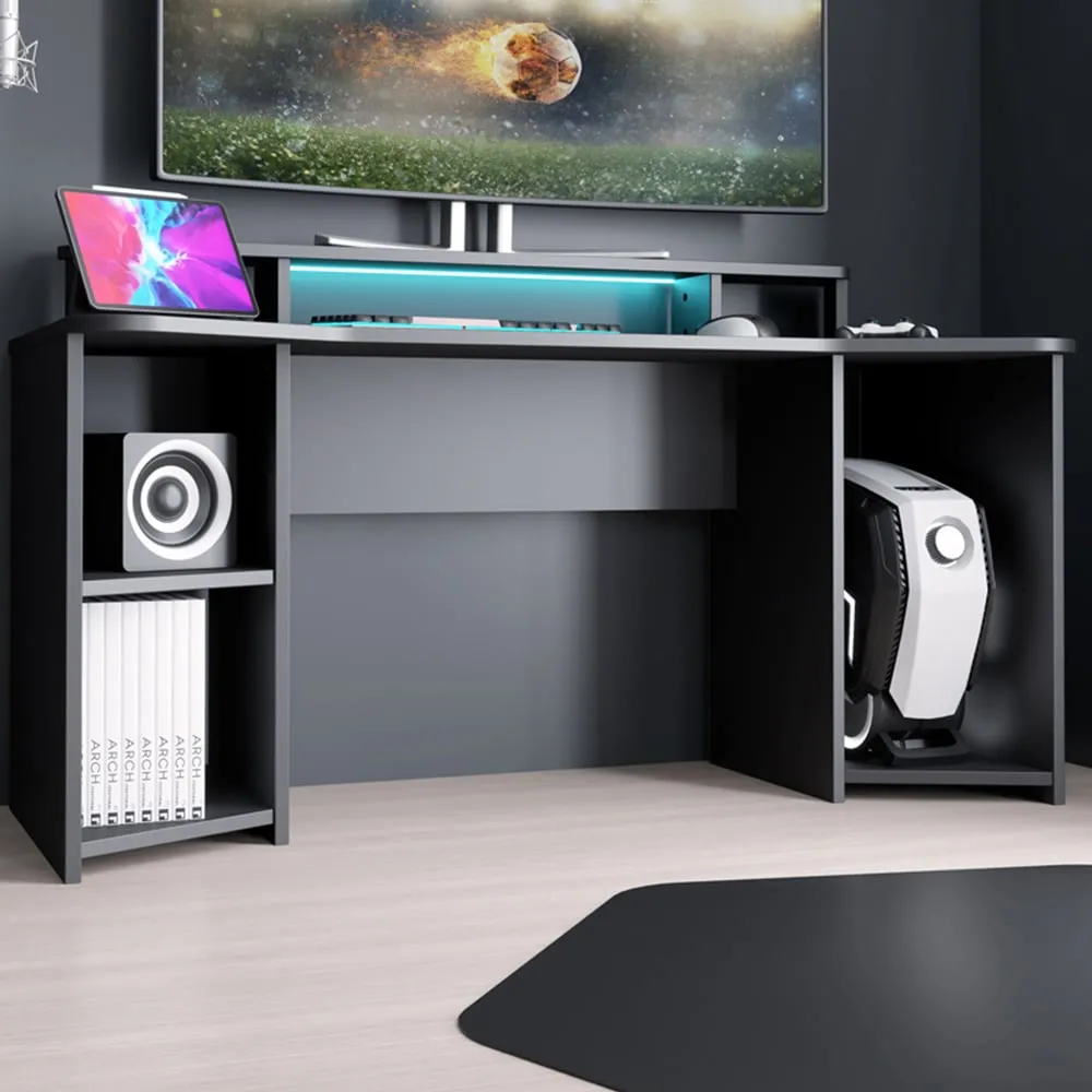 Florence Tezaur Curved 3 Shelf Gaming Desk with LED - Black image