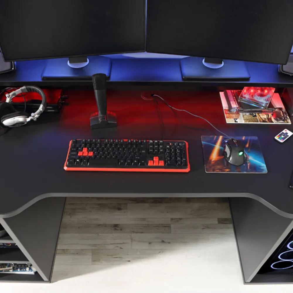 Florence Tezaur Wide 3 Shelf Gaming Desk with LED - Black