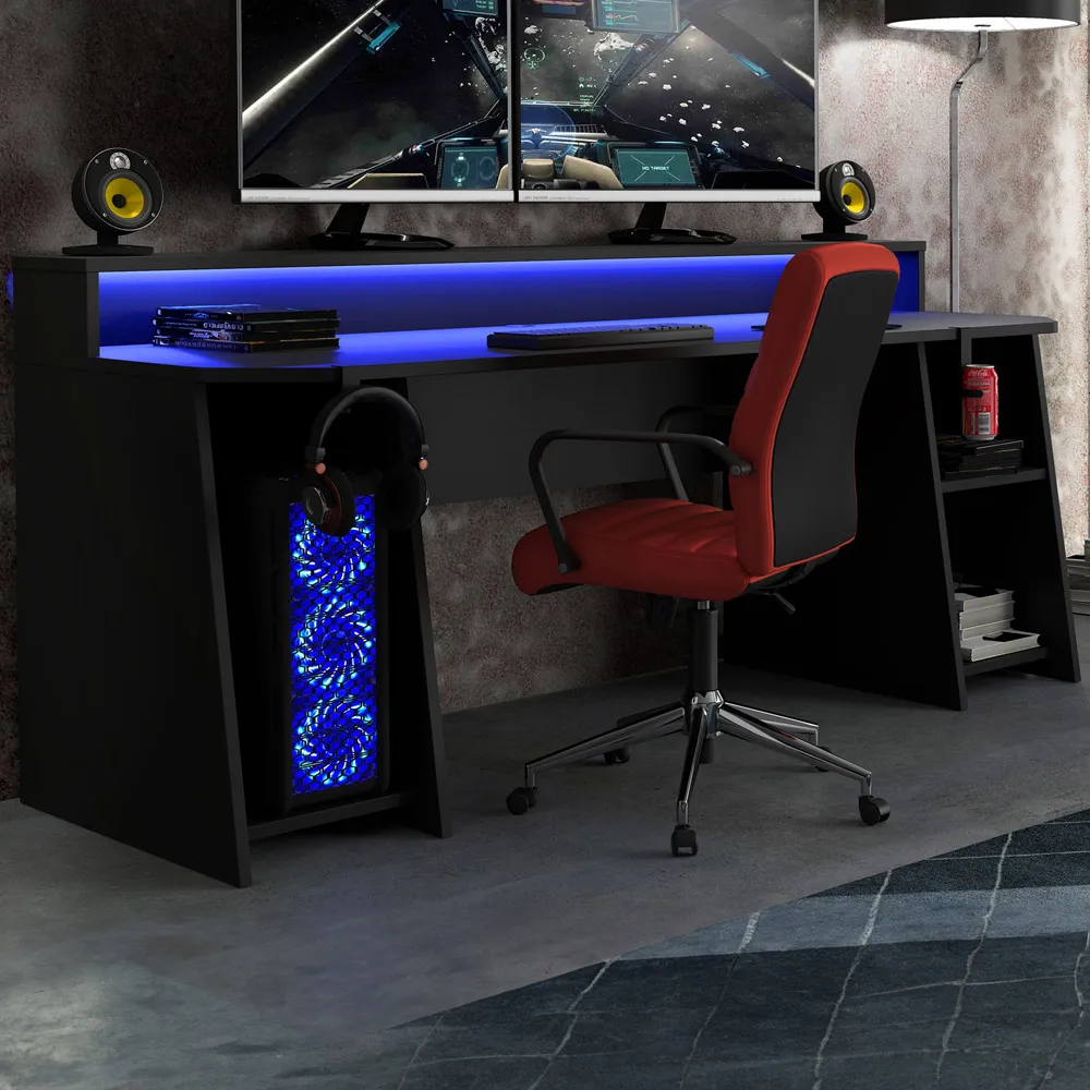 Florence Tezaur Wide 3 Shelf Gaming Desk with LED - Black