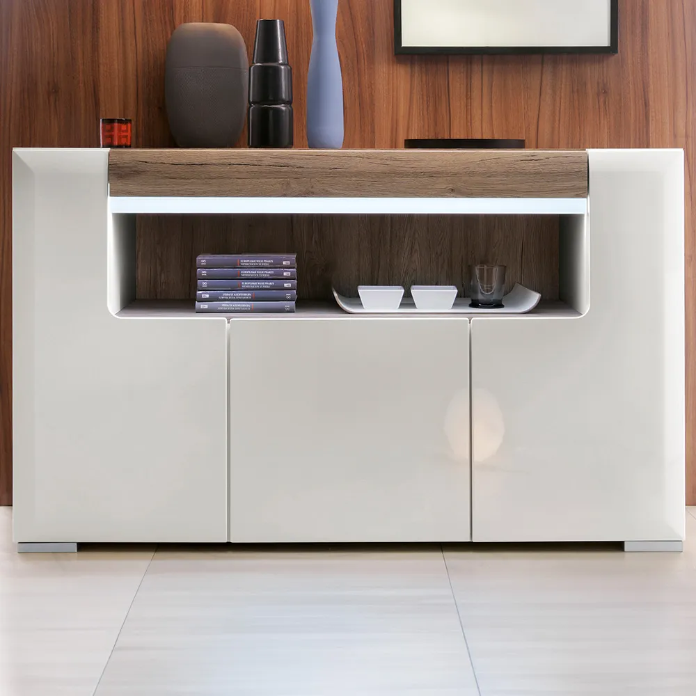 Florence Toronto 3 Door Sideboard with Lighting - White, Oak