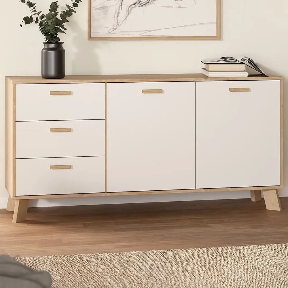 Ikast 2 Door 3 Drawer Sideboard - White, Jackson Hickory