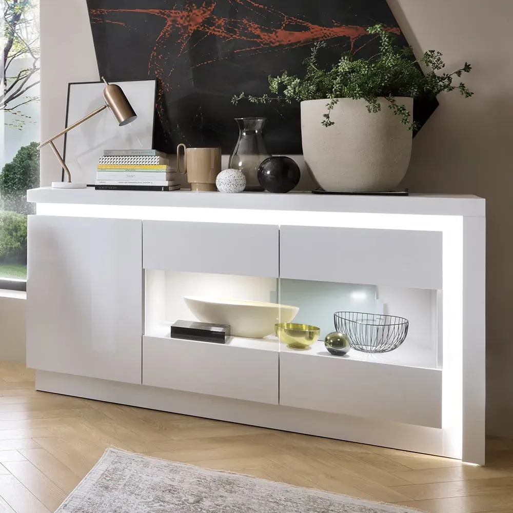 Lyon 3 Door Glazed Sideboard with LED - White, Oak image