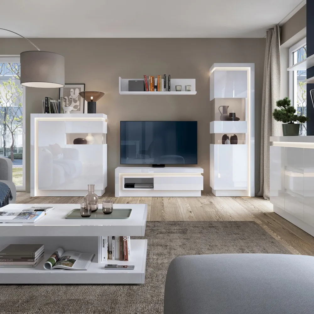 Lyon Left Hand Tall Display Cabinet with LED - White