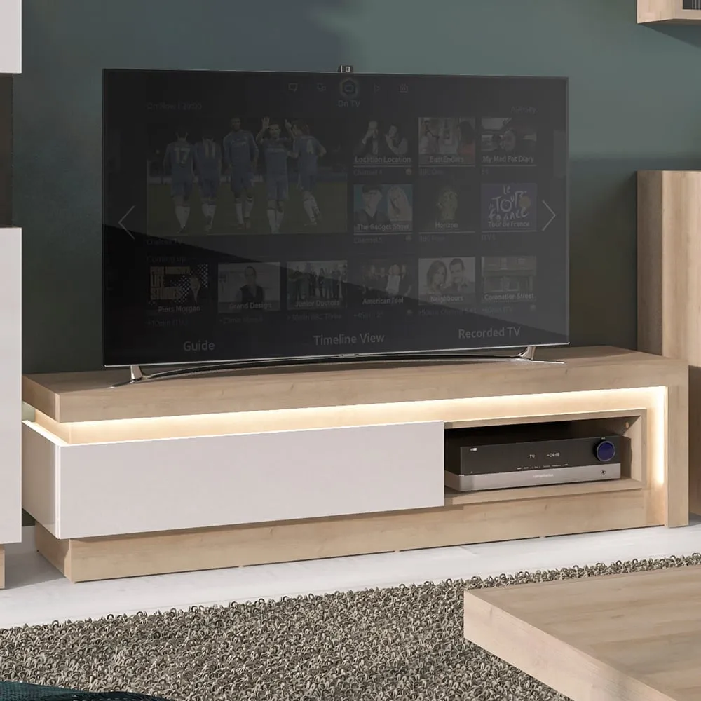 Lyon Single Drawer TV Cabinet - Riviera Oak, White High Gloss