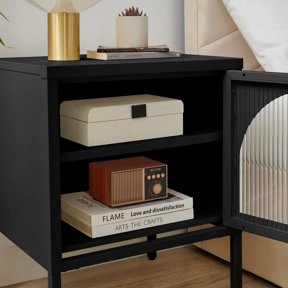 Alba Single Door Bedside Table with Storage - Black, Metal