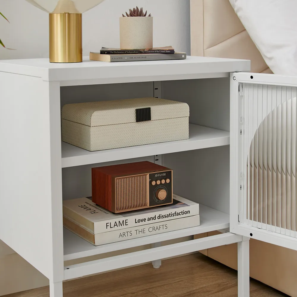 Alba Single Door Bedside Table with Storage - White, Metal