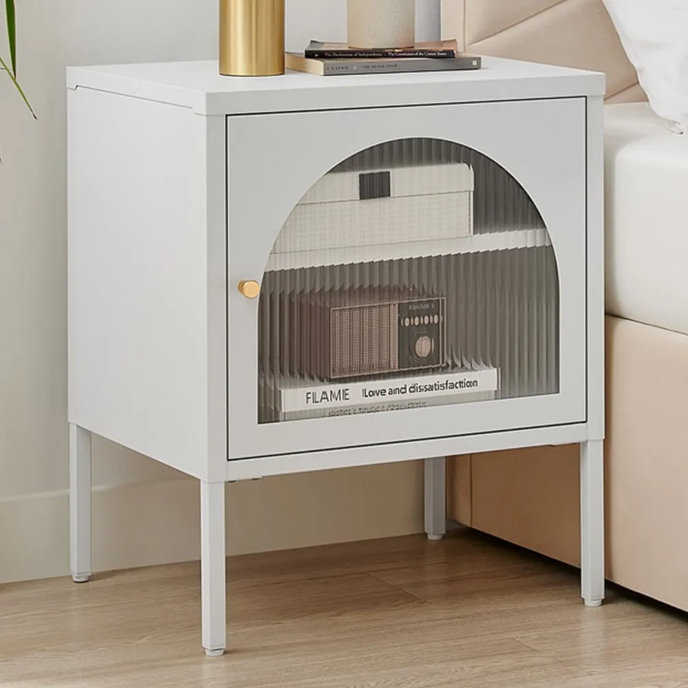 Alba Single Door Bedside Table with Storage - White, Metal