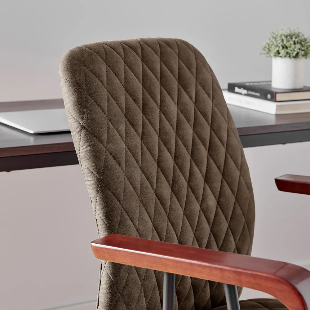 Avant Office Chair with Wooden Arms - Warm Grey, Faux Leather