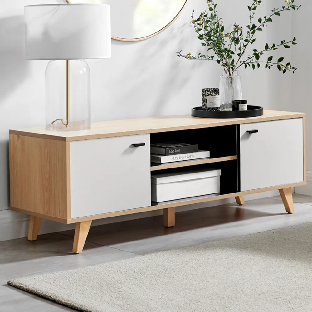Billet 2 Door TV Unit with Storage - White, Oak Effect image