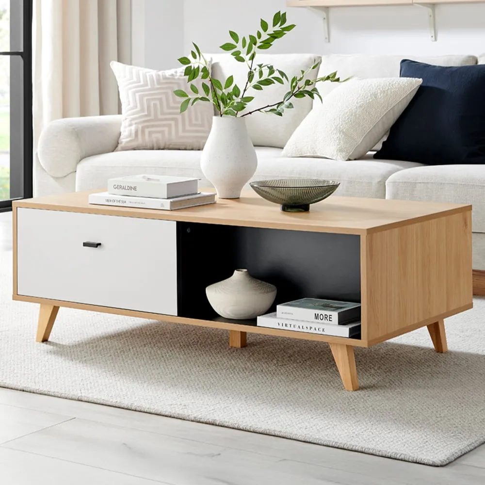 Billet Coffee Table with Drawers - White, Oak Effect