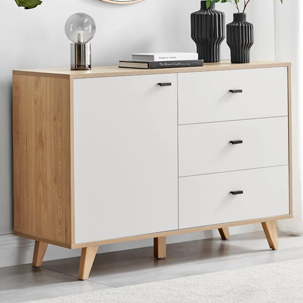 Billet Single Door 3 Drawer Sideboard - White, Oak