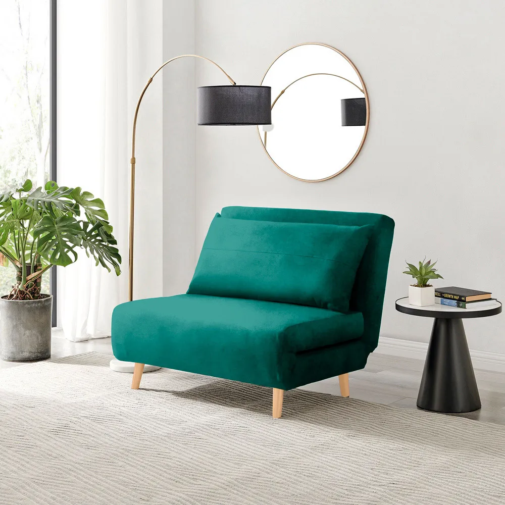 Billie Single Seater Sofa Bed - Green, Velvet