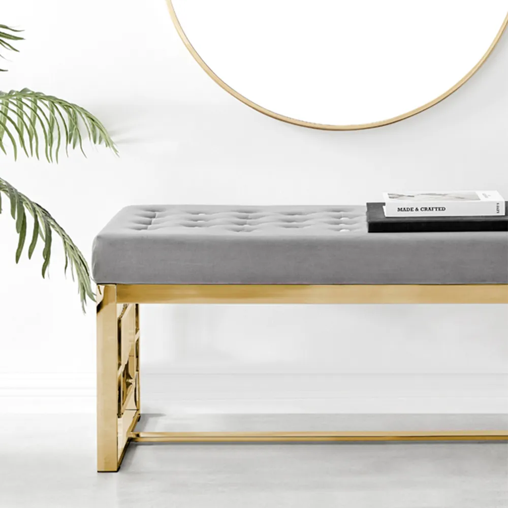 Chester Velvet Bench with Gold Legs - Grey