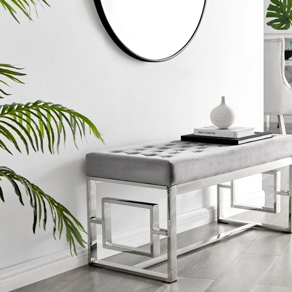 Chester Velvet Bench with Silver Legs - Grey