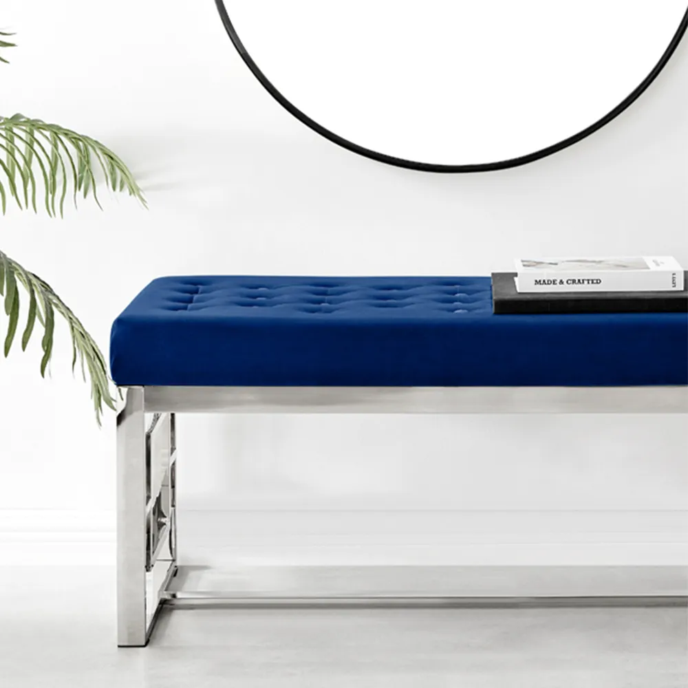 Chester Velvet Bench with Silver Legs - Navy, Velvet
