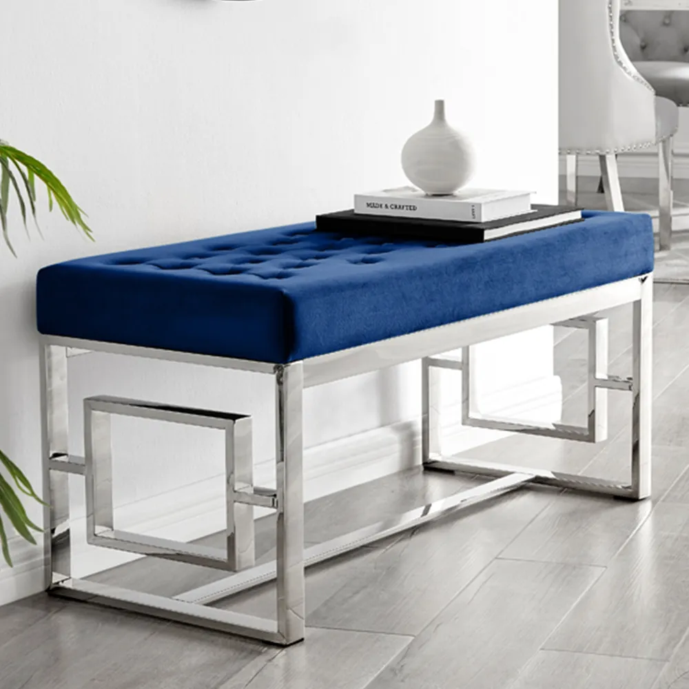 Chester Velvet Bench with Silver Legs - Navy, Velvet image