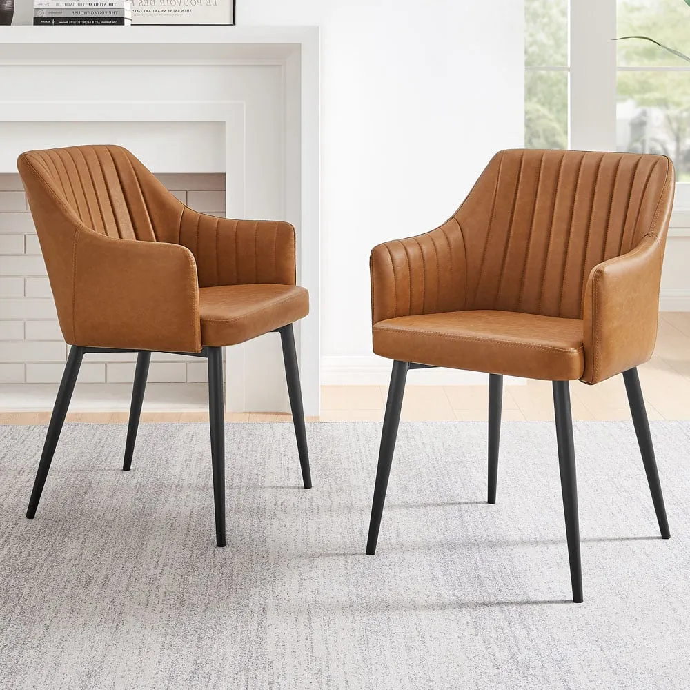 Cori Set of 2 Dining Chairs with Arms - Tan, Faux Leather