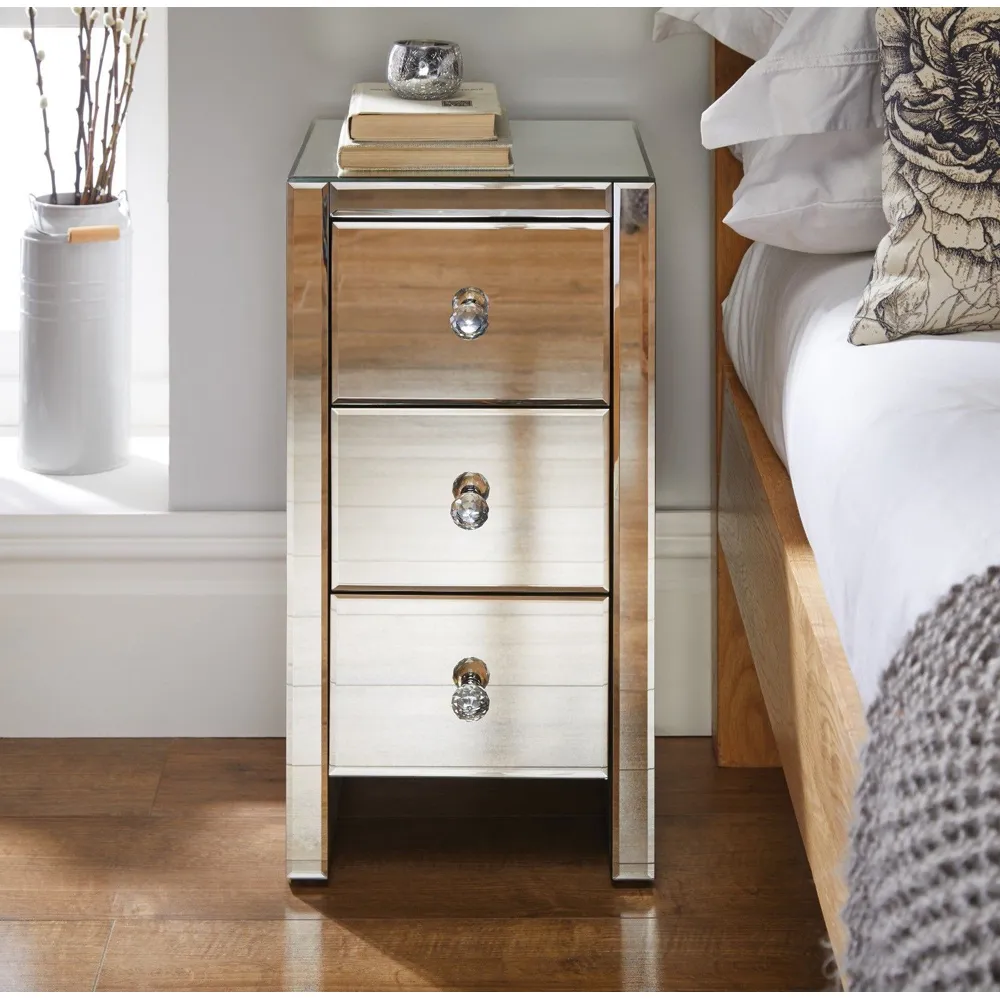 Donato 3 Drawer Bedside Table - Silver, Mirrored