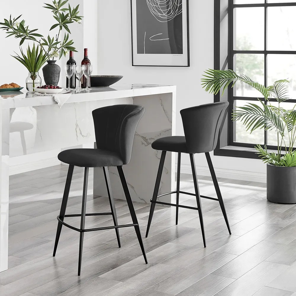 Hazel Bar Stool Set of 2 - Black, Velvet