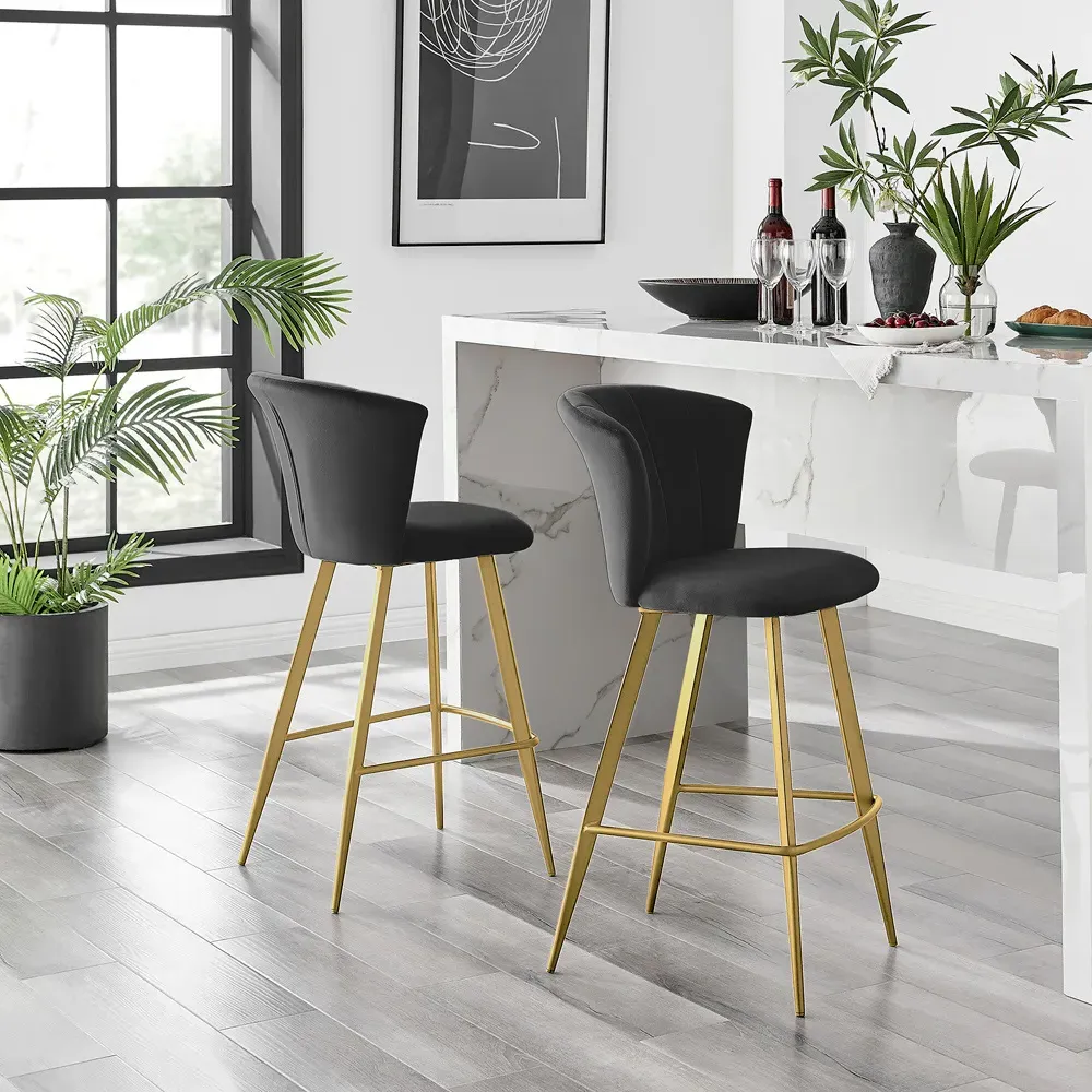 Hazel Bar Stool Set of 2 - Black, Velvet