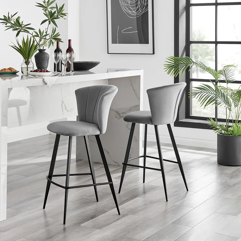 Hazel Bar Stool Set of 2 - Grey, Velvet