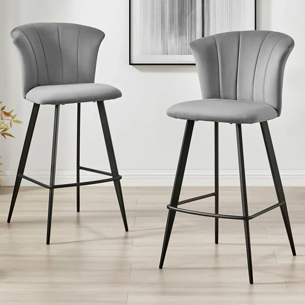 Hazel Bar Stool Set of 2 - Grey, Velvet