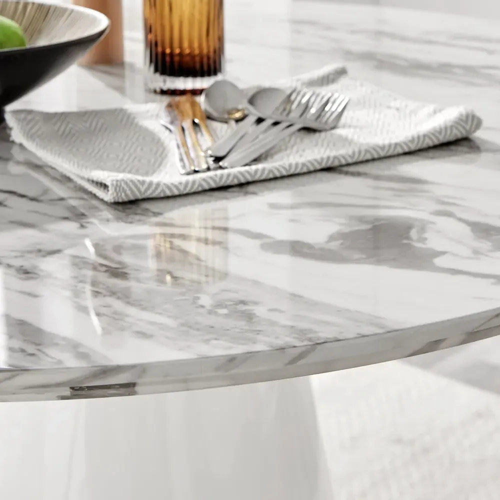 Nova 6 Seater Round Dining Table - White, Marble Effect
