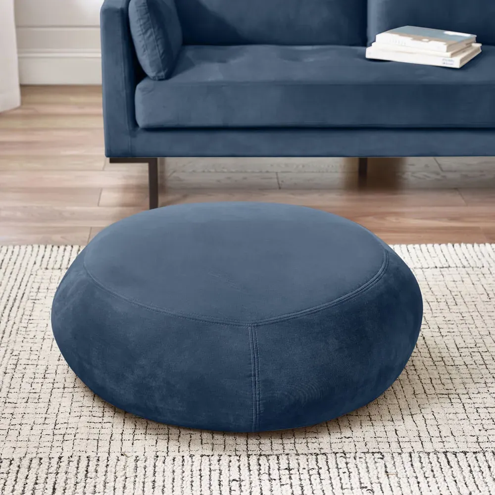 Otto Round Footstool - Blue, Velvet