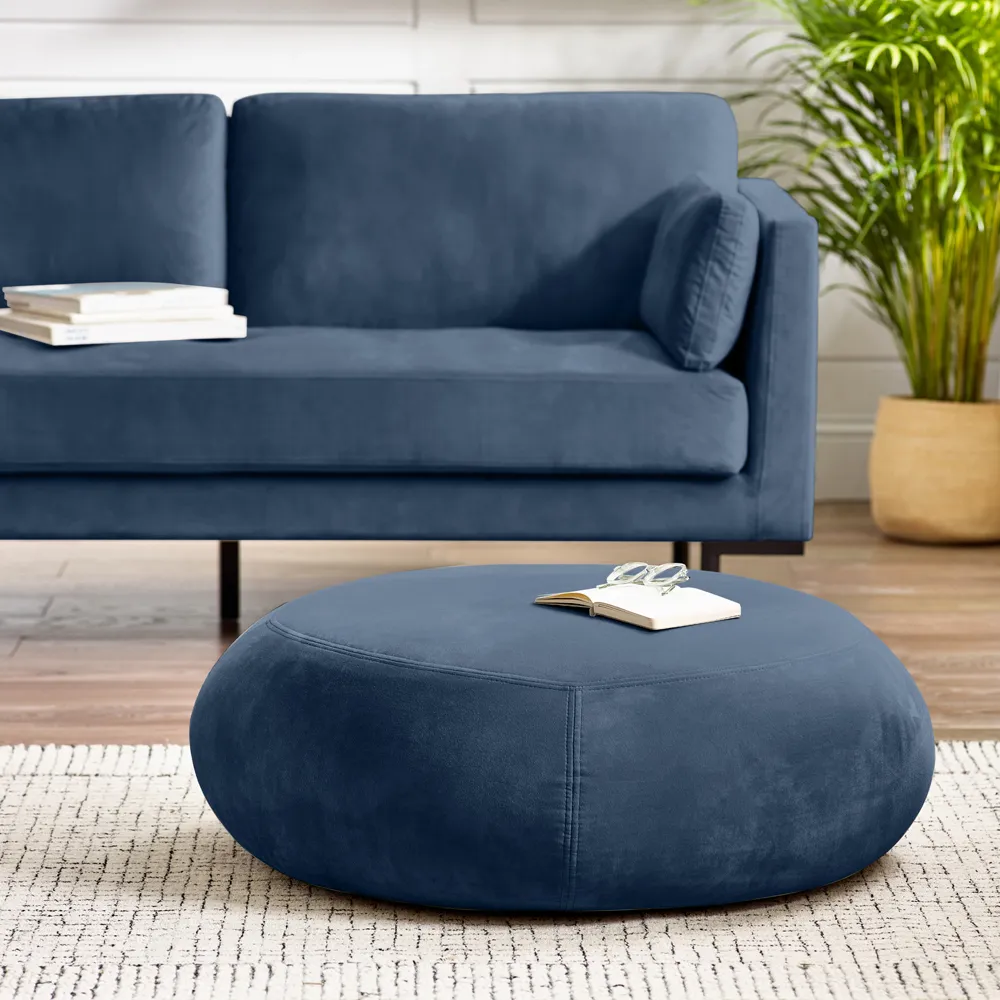 Otto Round Footstool - Blue, Velvet