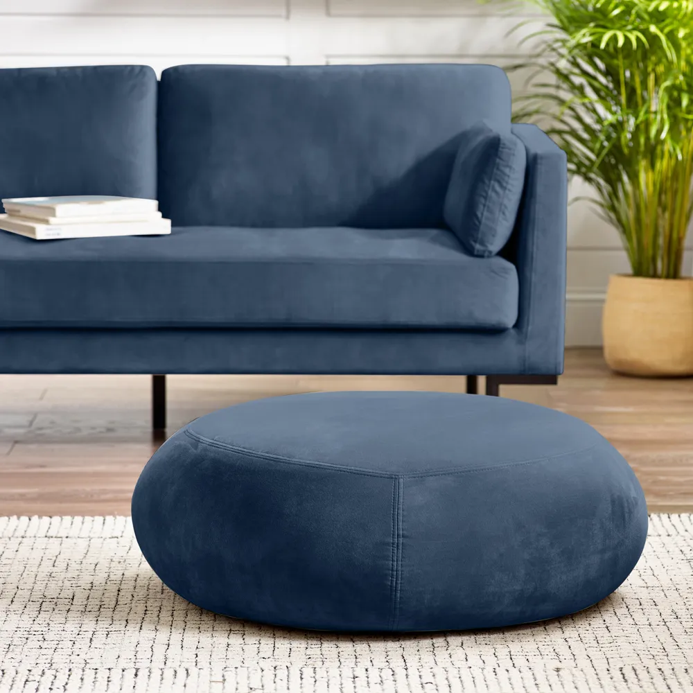 Otto Round Footstool - Blue, Velvet