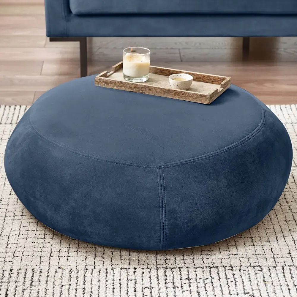 Otto Round Footstool - Blue, Velvet image