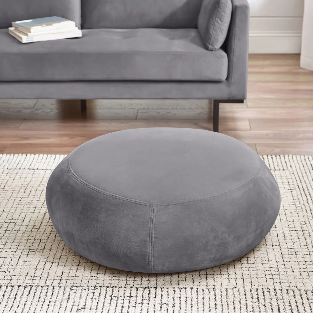 Otto Round Footstool - Grey, Velvet