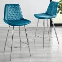 Set of 2 Bar Chairs - Blue, Velvet