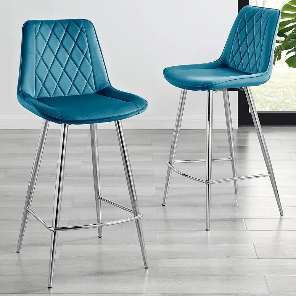 Set of 2 Bar Chairs - Blue, Velvet